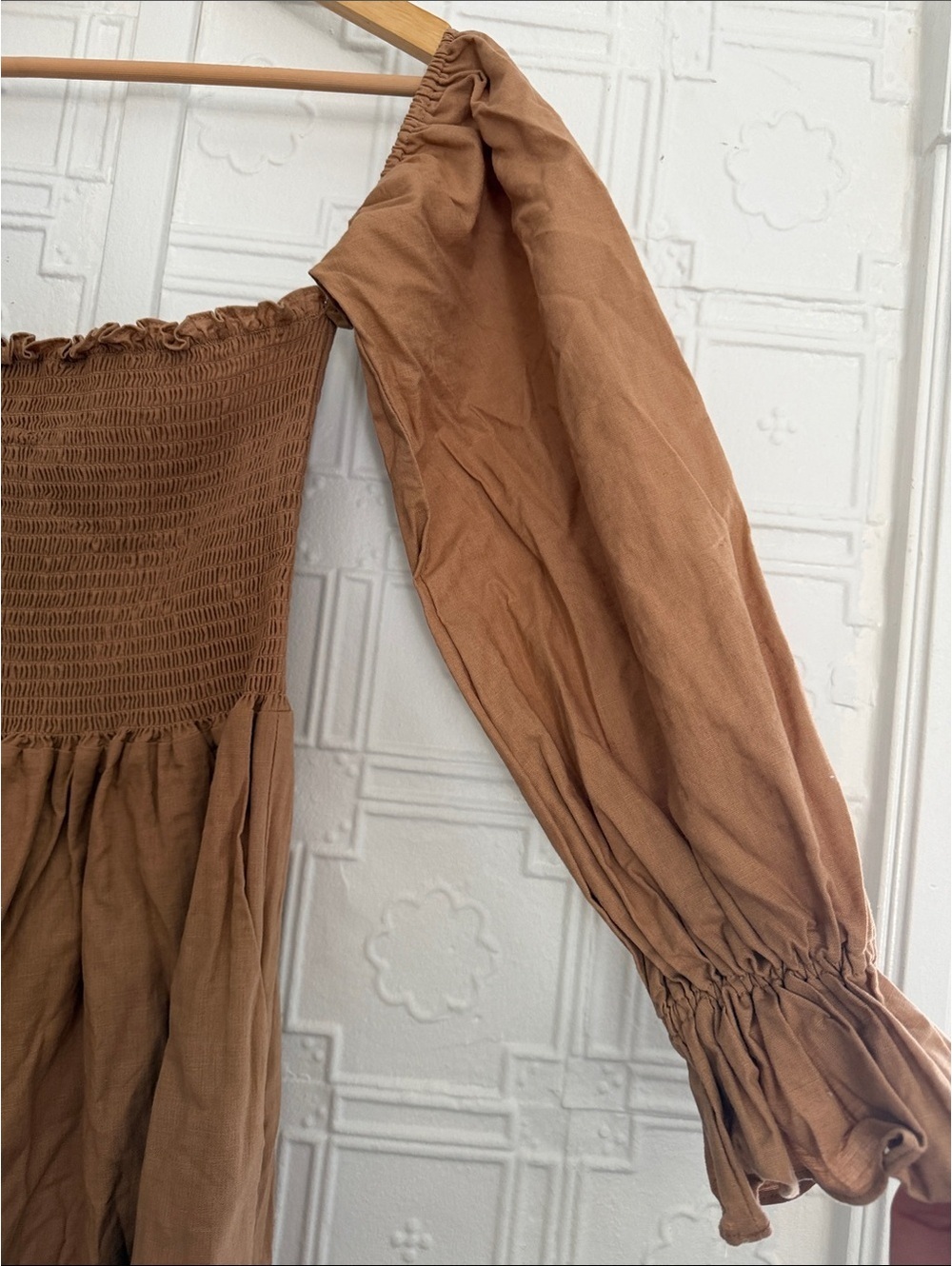 Petal + Pup Brown Linen Blend Smocked Midi Dress Puff Sleeve Size L Cottagescore - Picture 5 of 10